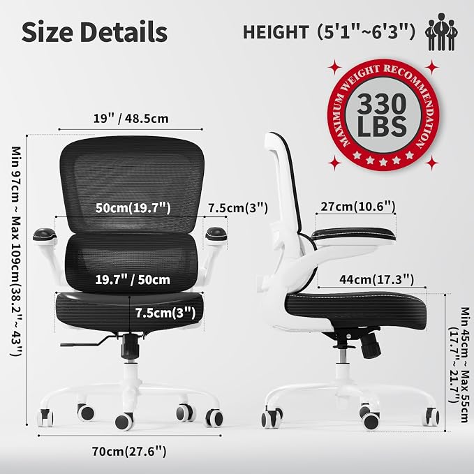 TRALT Ergonomic Office Chair Desk Chair with Adjustable Lumbar Support | Desk Chair Comfy with Flip-up Armrests Ergonomic Chair - Mesh Computer Chairs for Adults, 330lbs, PU Leather (Black White, 1) - Image 2