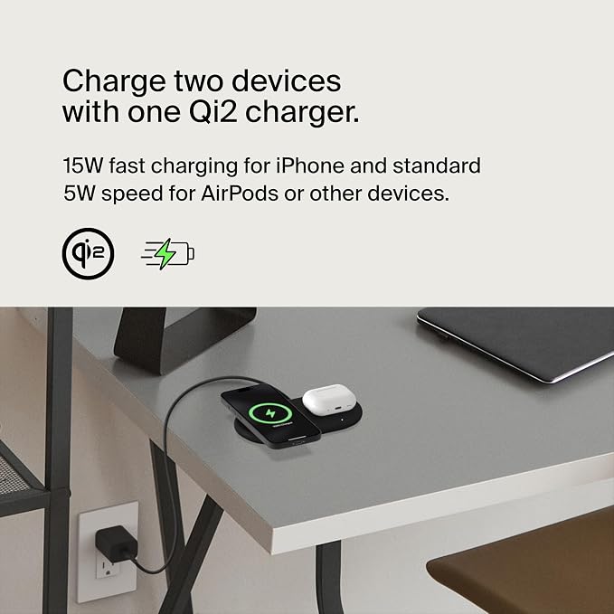 Belkin Qi2 15W 2 in 1 Wireless Charging Pad with USB-C Port | MagSafe compatible, iPhone 16/15 Series, Samsung Galaxy S25 Series, AirPods, extra USB-C port, Magnetic - Image 2
