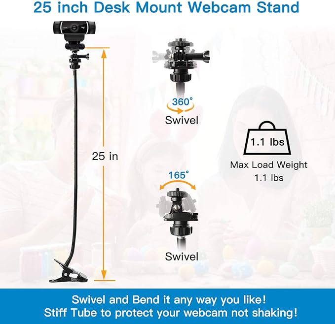 Pipishell 25 Inch Webcam Stand, Flexible Desk Mount Clamp Gooseneck Stand for Logitech Webcam C960 C930e C930 C920 C920S C922x C922 Brio 4K C925e C615 and Other Devices with 1/4" Thread-PIWS01 - Image 3