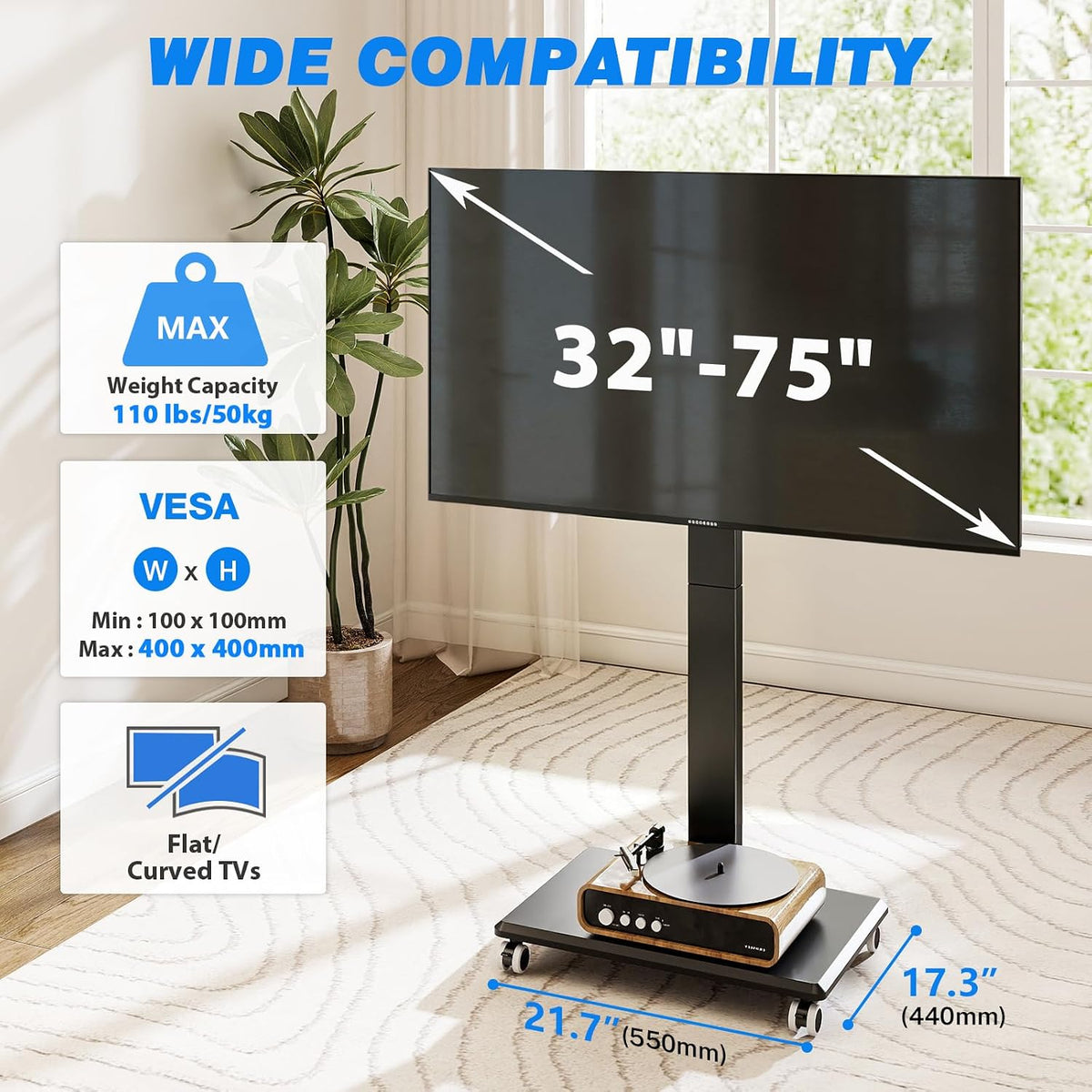 Rfiver Mobile TV Stand 32-75 Inch with Wheels up to 110 lbs, Black - Image 2
