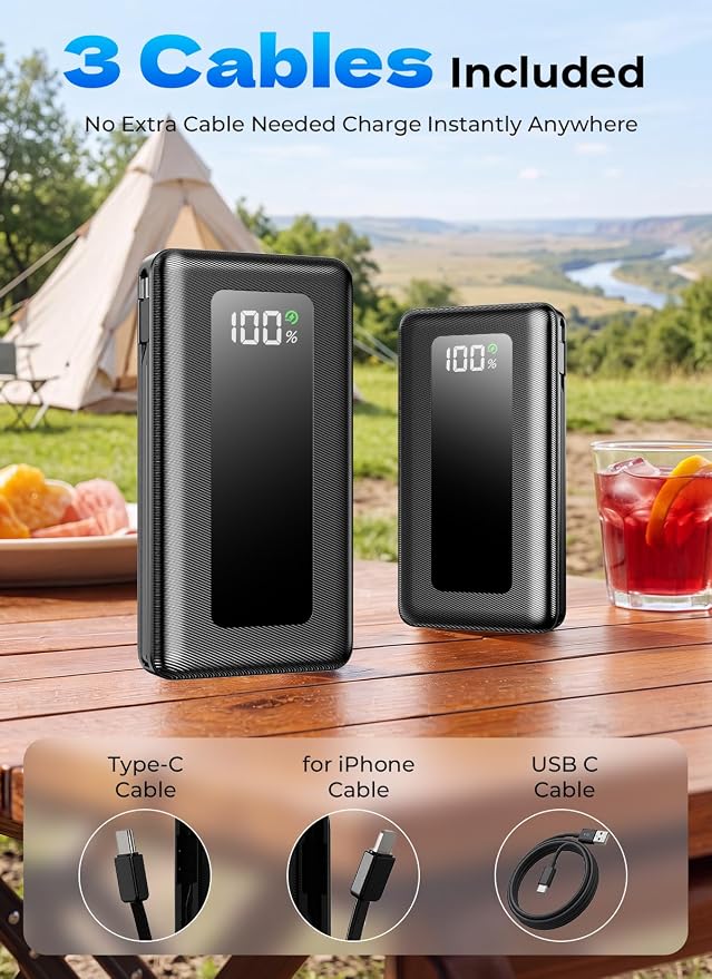 50000mAh Portable Charger Power Bank, Fast Charging with Built in Cables | Ultra-High Capacity, Travel Essential, Charge 4 Devices, Flashlight, for iPhone 17/16/15 Series, Samsung, iPad & Laptops Onyx - Image 4