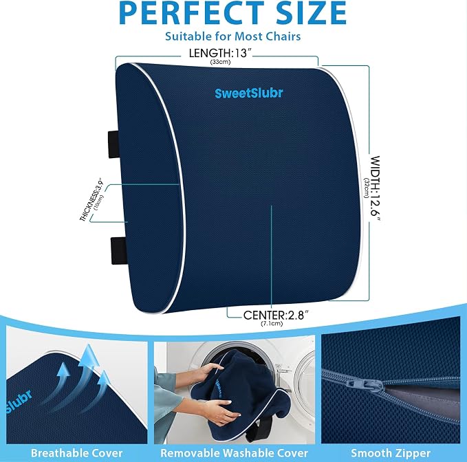 SweetSlubr Lumbar Support Pillow for Office Chair, Back Support(Blue,Large) | 3.9" Thick, Memory Foam, Adjustable Straps, Machine Washable Mesh Cover, Lower Back Pain Relief for Office, Car & Gaming - Image 3
