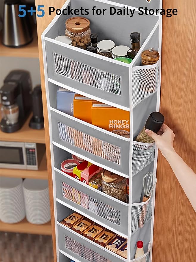 JARLINK Over the Door Organizer for Pantry, Bathroom, 5 Shelf Grey, 2 Pack | Anti-Tilt Design, 44 lb Load Capacity, Hanging Door Organizer with 5 Large Capacity Pockets, Behind Door Storage for Nursery - Image 5