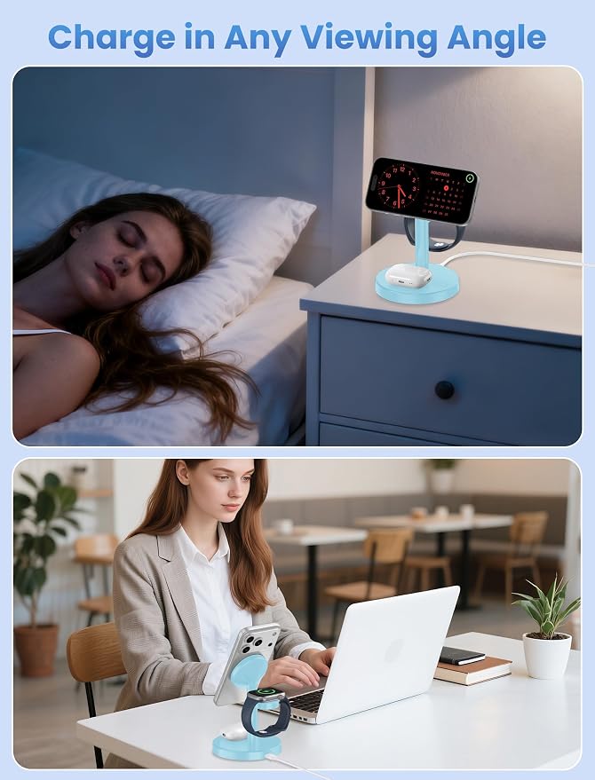 Aeinidi 2026 3 in 1 Wireless Charging Station Compatible with MagSafe, 15W Fast Magnetic Mag-Safe Charger Stand for Apple iPhone 17 16 15 14 13 12 Series iWatch AirPods Pro 4 3 2, Iceblue - Image 9