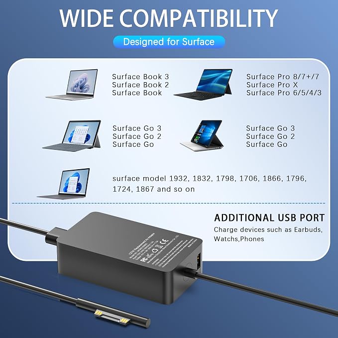 127W Surface Book Charger Compatible with Microsoft Surface Book 3 2 1, Surface Pro 10 9, 8, 7+, 7, 6, 5, 4, 3, X, Windows Surface Laptop/Go, Surface Laptop Studio 2, 1 Power Supply Cord - Image 2