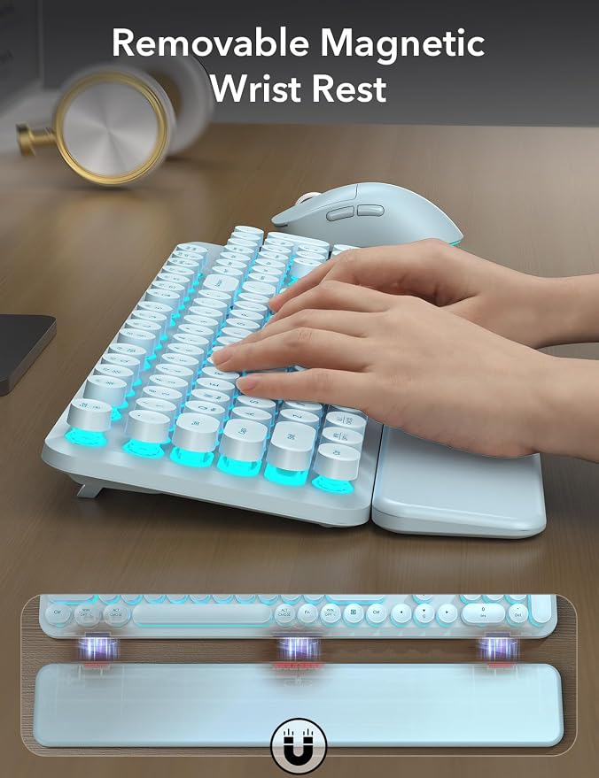 Wireless Keyboard and Mouse Backlit - Typewriter, Magnetic Wrist Rest | Retro Round Keys, Light Up Letters, 2.4GHz Cordless Combo for Mac, Windows, PC, Laptop, Trueque CK23Pro [Upgraded] - Image 5