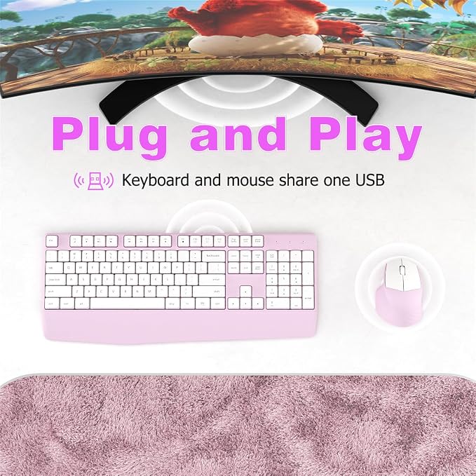 Ergonomic Wireless Keyboard and Mouse Combo with Wrist Rest (White Pink) | COVEVA Full Size Keyboard with 12 Dedicated Shortcuts, Smart Auto-Sleep, 2.4GHz Receiver, Natural Typing for PC Laptop - Image 4