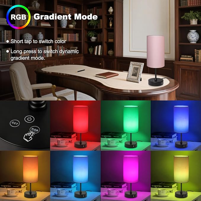 Table Lamp for Bedroom, 3 Color Temperatures, 7 RGB Colors, Adjustable Brightness, Dual USB Charging Ports, Ambience Nightstand Light with Pink Shade, Desk Lamp for Kids Reading Home Office - Image 3