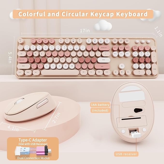 Wireless Keyboard and Mouse Combo, Ergonomic Full Size Typewriter Retro Round Keycaps Keyboard, Compatible with Windows, PC, Perfer for Home and Office Keyboards (Chocolate Color) - Image 5