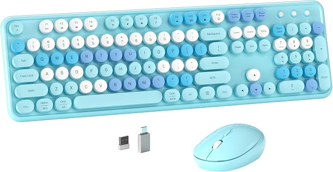 MPTOG Colorful Wireless Computer Keyboard and Mouse Combo (Blue-Colorful) | Retro Round Typewriter Keycaps, Power Switch, Ergonomic Design, 2.4GHz Wireless for Windows, Mac, PC by MPTOG