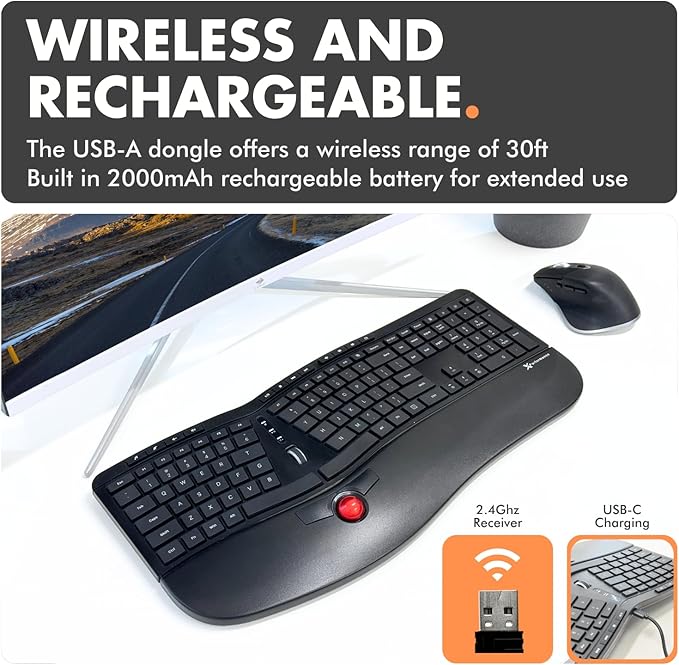 X9 Performance Ergonomic Wireless Keyboard with Trackball - Rechargeable, Backlit, Built in Mouse Buttons - 2.4G Split Keyboard Wireless for Windows PC and Chrome - All in One Typing Solution - Image 4