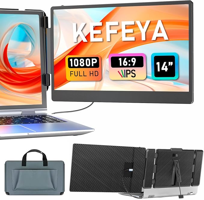 KEFEYA Laptop Screen Extender, 14" Portable Monitor for Laptops 13-17", 1080P FHD IPS Monitor Extender for Laptop with USB-C/HDMI Port, Plug n Play for Windows/Chrome/Mac/Switch/PS5 by KEFEYA