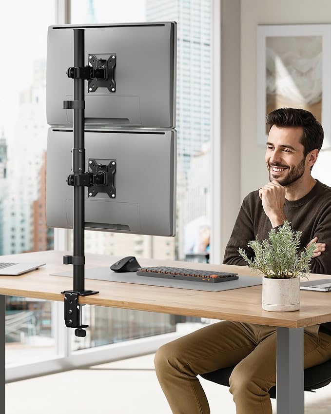 monTEK Stacked Dual Monitor Stand for 17-32", 22 lbs Each | Vertical dual-screen desk mount, height adjustment, tilt, swivel, rotation, clamp/grommet bases and VESA 75/100 - Image 8