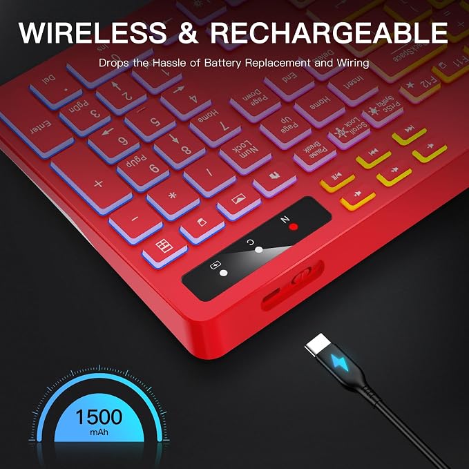 Soueto Wireless Keyboard with 7-Color RGB Backlit, Full-Size Computer Keyboard with Phone Tablet Holder, 2.4G Rechargeable Gaming Keyboard with Light Up Keys, Compatible with Mac, Windows (Red) - Image 6
