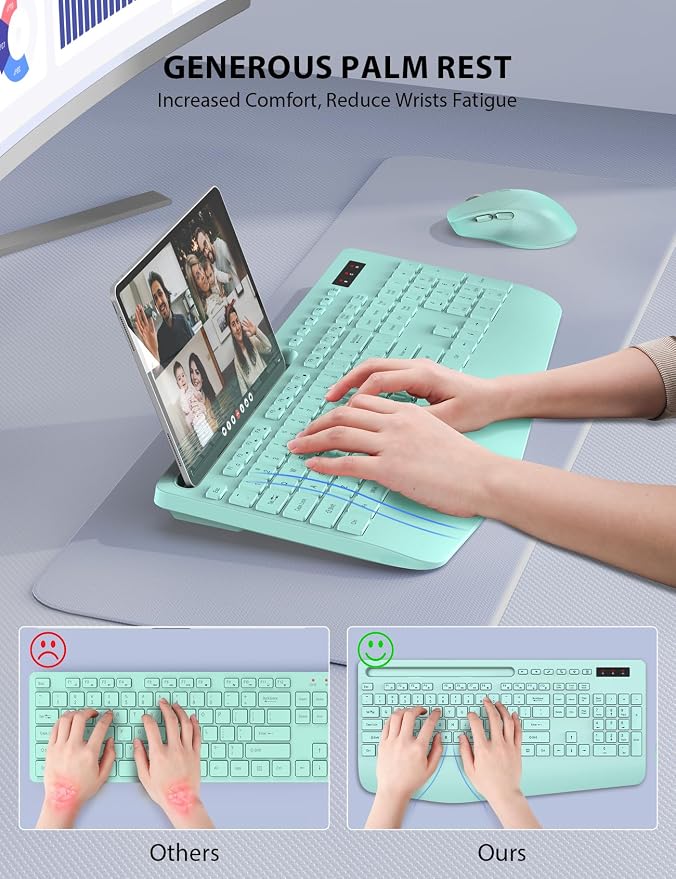 Wireless Keyboard and Mouse Combo - Full-Sized Ergonomic Keyboard with Wrist Rest, Phone Holder, Sleep Mode, Silent 2.4GHz Cordless Keyboard Mouse Combo for Computer, Laptop, PC, Mac, Windows (Green) - Image 2