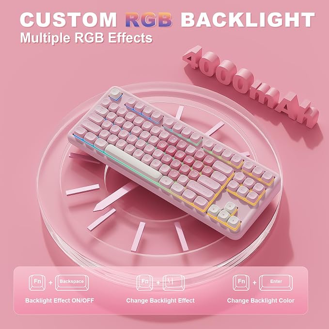 YUNZII B87 TKL Wireless Mechanical Keyboard (Pink, Milk Switch) | QMK/VIA, Wrist Rest, CreamyTyping, Cute MOA Keycaps, Gasket Mount, Hot Swap, RGB Backlit, NKRO, BT/2.4G/USB-C, for Win/Mac - Image 7