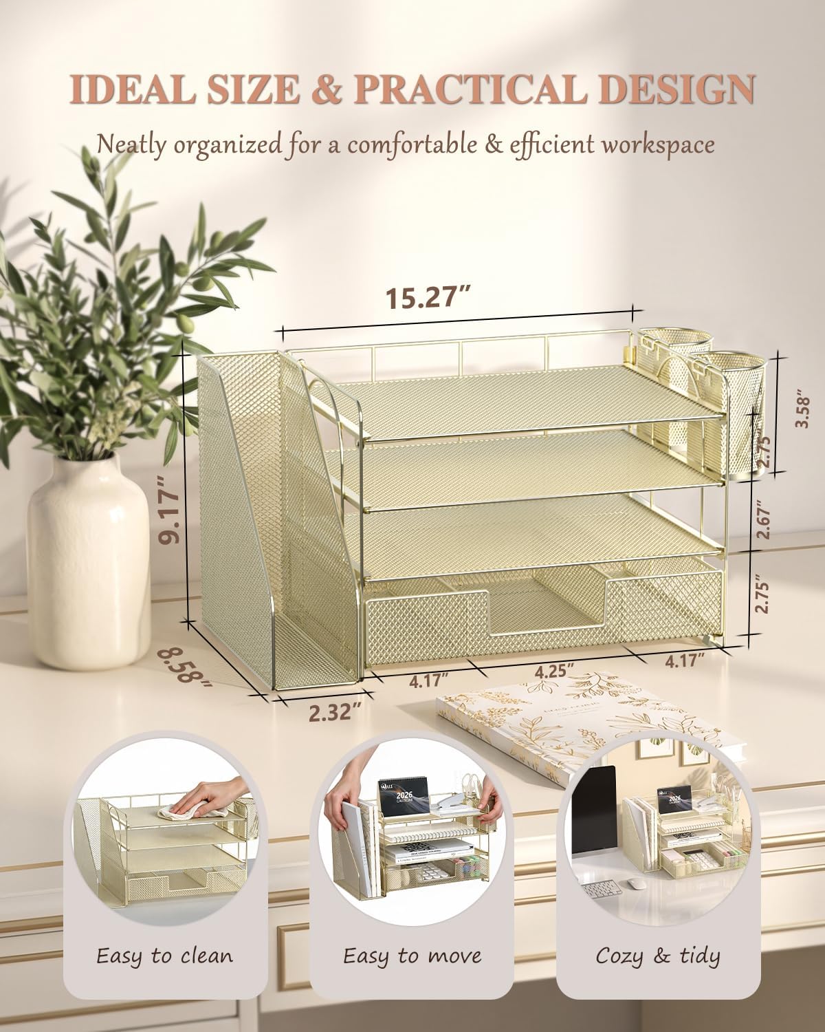 WALI Desk File Organizer, 4 Tier Desktop Paper Letter Tray Organizer with Drawer and 2 Pen Holders, Office Desk Accessories & Workspace Organizers for Office, Home, School Supplies, 1 Pack, Gold - Image 7