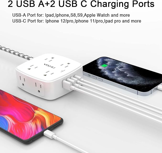 Surge Protector Power Strip - YISHU 8 Outlets with 4 USB (2 USB C) Charging Ports, 5Ft Braided Extension Cord, Flat Plug Multi Plug Outlet Extender Charging Station for Home Office, ETL, White - Image 3