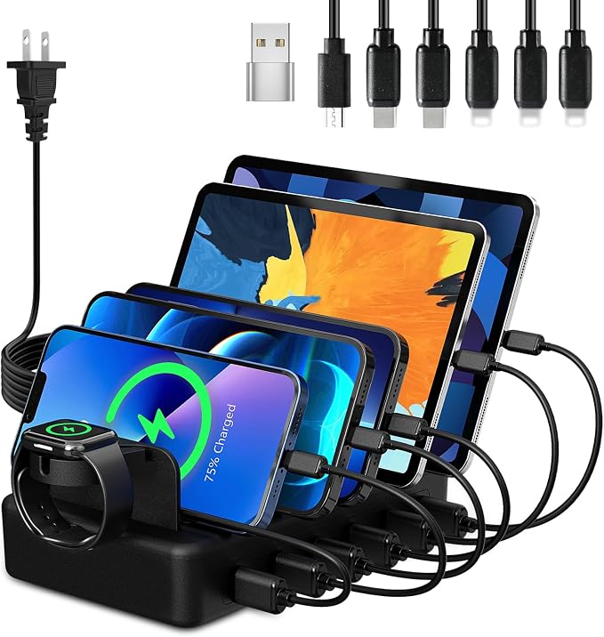 Charging Station for Multiple Devices, 50W 6 Ports USB Charger Station | with Apple Watch Holder & 6 Cables, for iPad Cellphone Kindle Tablet and Other Electronic, 1 USB-A to USB-C Adapter Converter by CREATIVEDESIGN