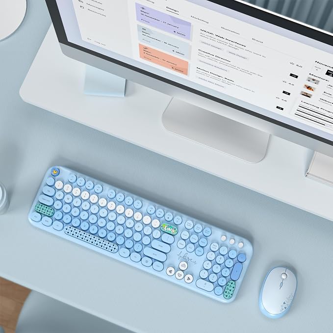 MOFII Wireless Keyboard and Mouse Combo, Cute Retro Typewriter Keyboard and Silent Mouse, 2.4GHz Full Size Computer Keyboard Wireless Mouse Set for PC, Laptop, Desktop, Windows (Blue Colorful) - Image 7