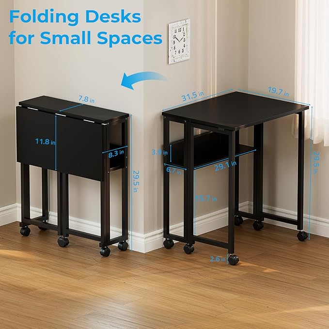 GreenForest Folding Desk with Wheels, 31.5" Rolling Table for Small Spaces | Storage Shelf, Lockable Casters, Compact Portable Workstation, Space-Saving Foldable Sofa Table, Home Office, Mobile, Black - Image 3