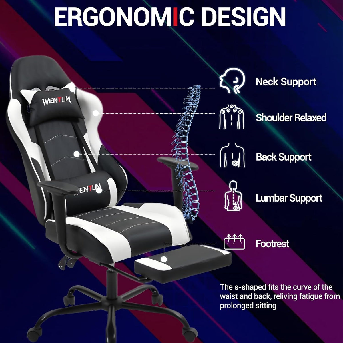 Gaming Chair with Footrest, Ergonomic PC Desk Chair with Headrest and Massage Lumbar Support, Video Game Chair with Height Adjustable High Back for Home Office, PU Leather, White - Image 4