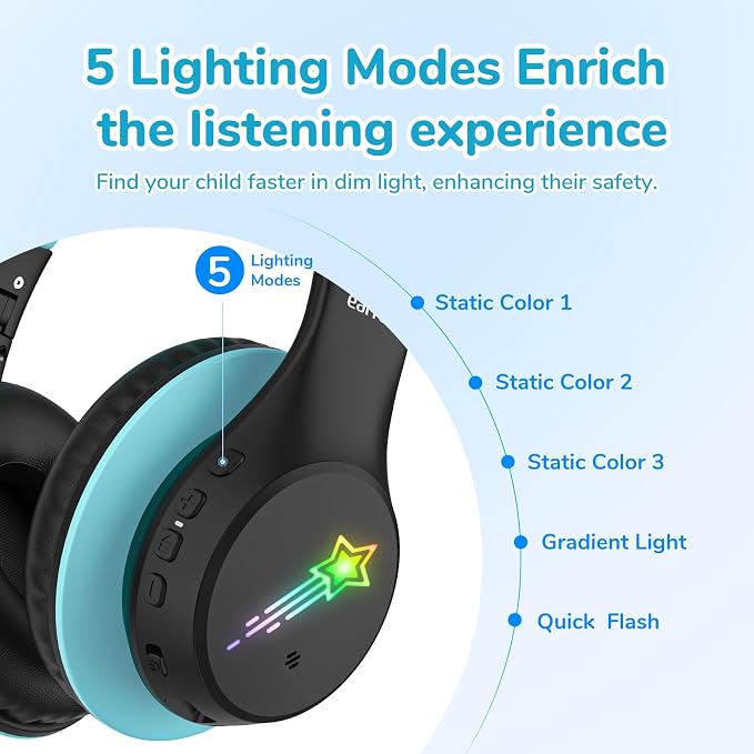 EarFun K4 Kids Bluetooth Headphones, Wireless Headphones with Lights, Black | 74/85/94dBA Volume Limited, Built-in Mic, 90H Playtime, Bluetooth 5.4 Over Ear Headphone for iPad/Tablet/School, Dark Black - Image 3