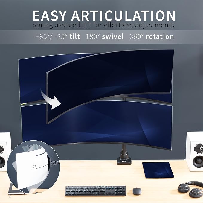 VIVO Dual Ultra-Wide Monitor Extra Tall Desk Mount for up to 49 inch Ultrawides, Clamp-on Adjustable Stand Holds 44 lbs per Screen, VESA up to 100x100mm, Black, STAND-V120T - Image 5