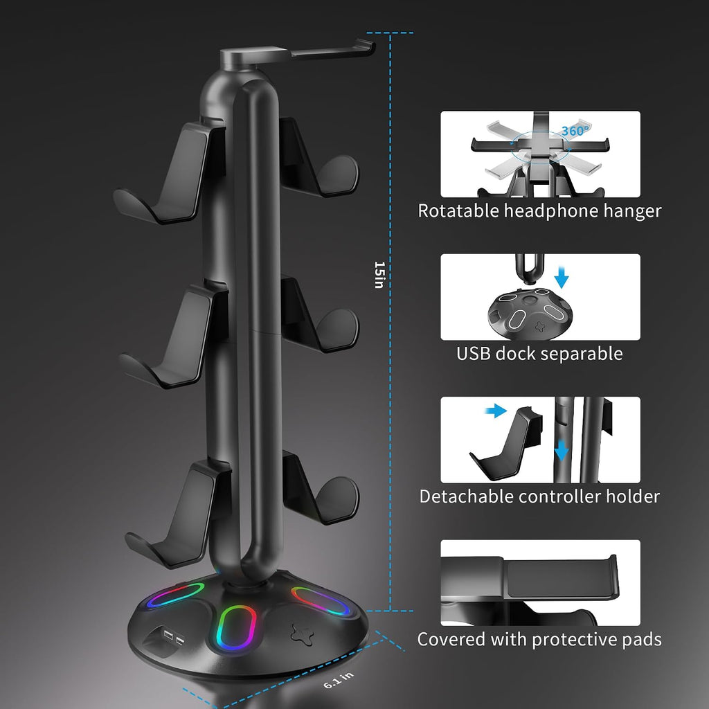 Gaming RGB Headphone Stand, Controller Holder with 9 Light Modes and 2 USB Charging Ports and 3.5mm & Type-C - Controller Stand Hanger Accessories for Desk and Gamer(Black) A - Image 4