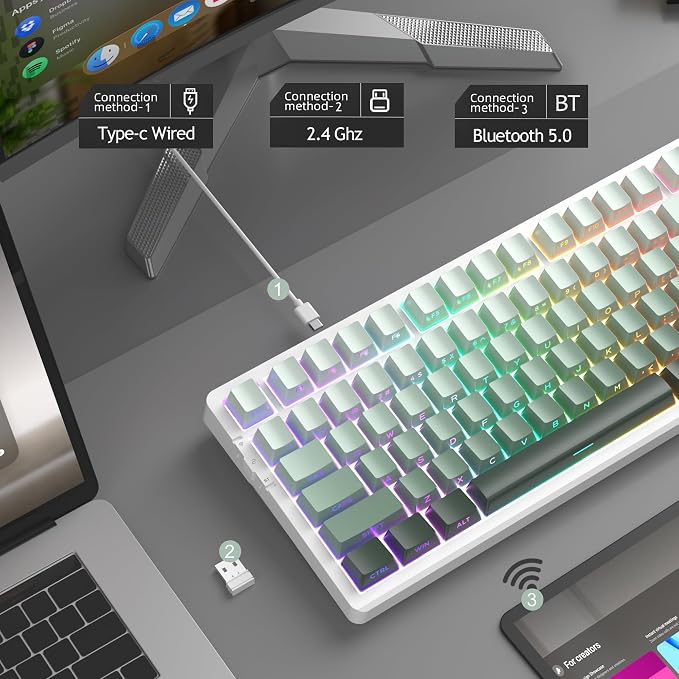 MageGee LIGHT100 Wireless Creamy Keyboard, Gasket Structure Hot Swappable, 2.4G/USB-C/BT5.0 RGB Backlit Mechanical Gaming Keyboard for Win/Mac/PC, 8000mAh Battery, Side Printed PBT Keycap, Green - Image 2