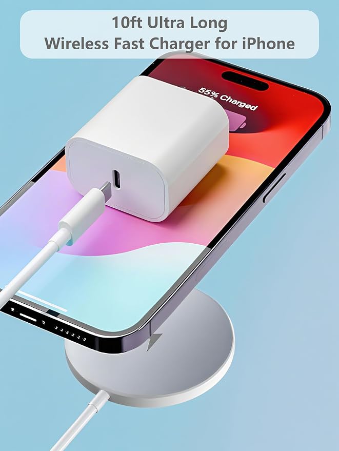 Magnetic Wireless Charger for Apple iPhone 17/16/15/14/13/12/11/AirPods, 2-Pack Fast Charging Long Cable 10ft Magnet Pad & 2-Pack Type-c Charger Block, White | 2Pack Magnetic Wireless Charger 15W Pad 10 ft Long Cord for iPhone 17/16/15/14/13/12,20W Ada... - Image 2