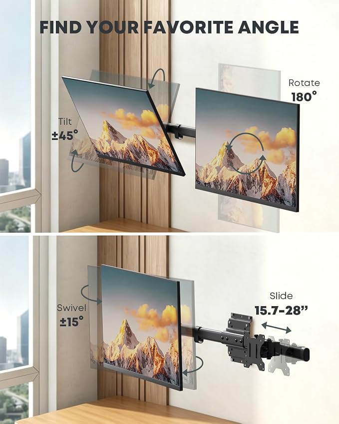 Dual Monitor Wall Mount fits 13-27 Inch, Single to Double Bracket Adapter | Ultra-Slim Wall Gap, Horizontal Assembly, Max 22lbs Per Arm, VESA 75x75/100x100mm, Black - Image 3