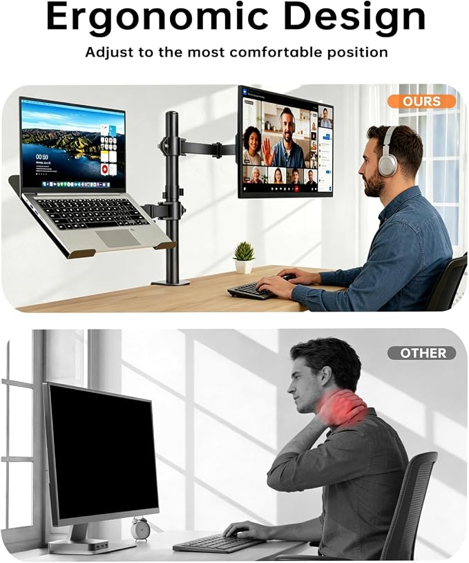 Afaloona Dual Monitor and Laptop Stand for 13-32" Monitor & 11-17" Laptop | Removable laptop tray converts to a dual monitor mount with full-motion adjustment for work and gaming, up to 18 lb per arm. - Image 6