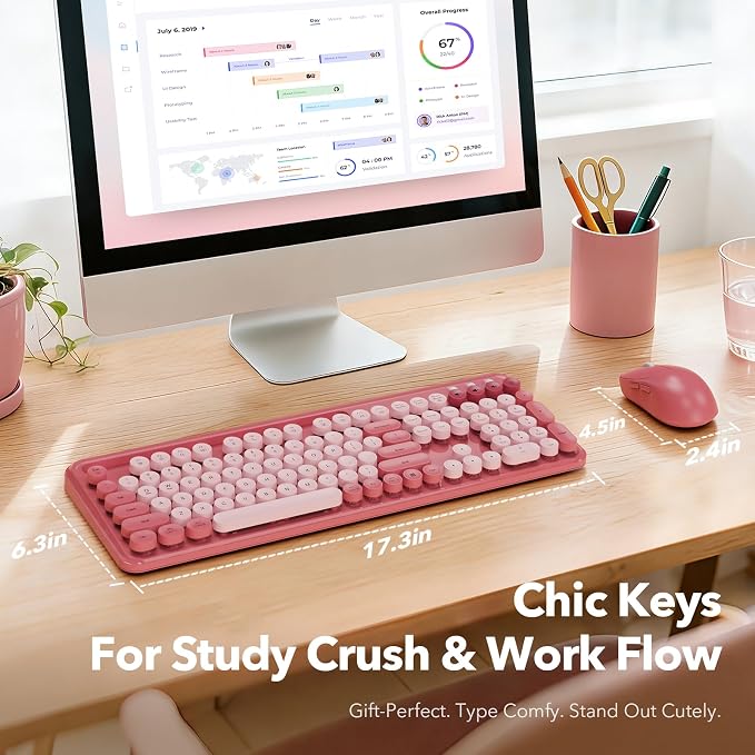 Wireless Keyboard and Mouse Combo, Rose, Round Keycaps, Phone/Tablet Holder | Full-size keyboard, typewriter-style design, 3-level DPI mouse, auto sleep, 2.4GHz for Mac Windows PC laptop, Trueque CK13 - Image 8