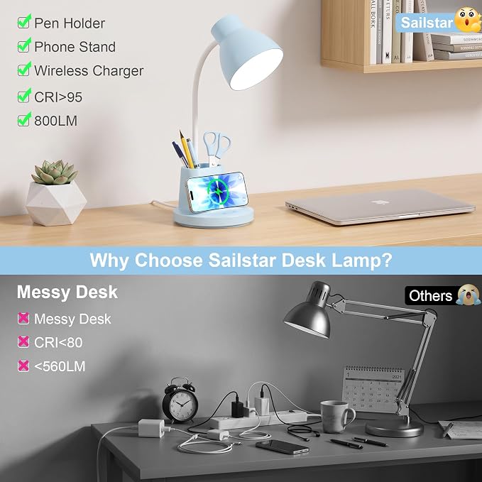 10W Wireless Charging LED Desk Lamp with Pen Holder, CRI 95, Blue | 800LM, 3 Modes, 360°Flexible Arm, Touch, Brightness, Table Lamp for Home Office, Dorm, Bedside, Study, Reading, with Adapter - Image 4