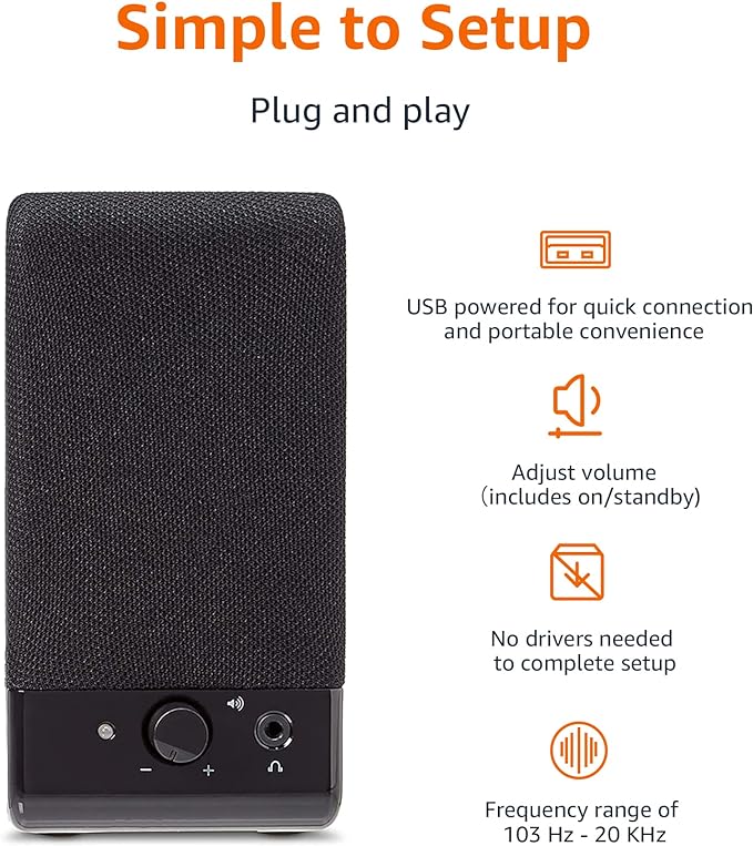 Amazon Basics USB-Powered Computer Speakers with Volume Control for Desktop or Laptop PC, Compact Size, Headphone Jack, Portable, Plug-N-Play, Black - Image 4