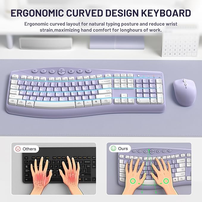 Wireless Keyboard and Mouse Combo Silent Ergonomic Curved Design for Office | 2.4G Full Size Cordless Keyboard with Tilt Legs,3-Level DPI Quite Mouse for Windows,Mac OS/Desktop/Laptop/PC - Image 3