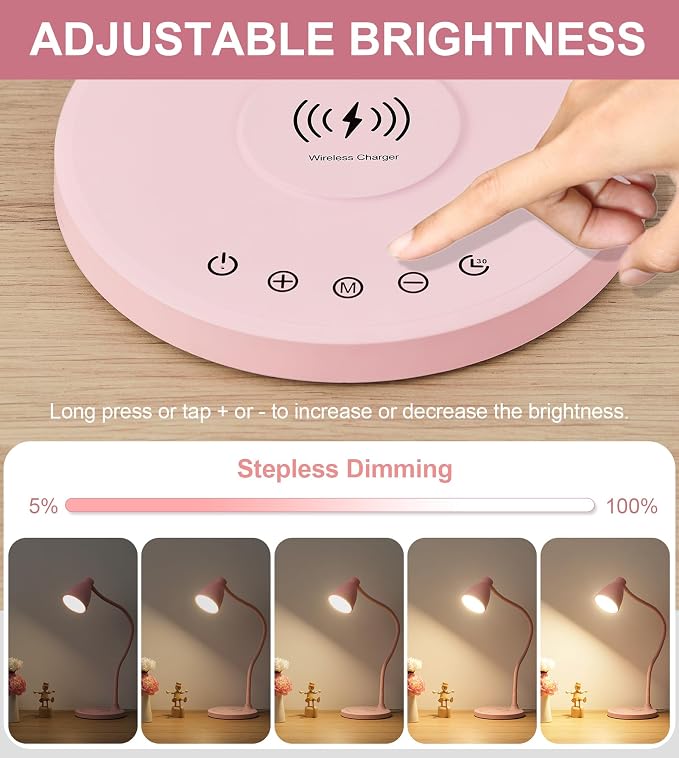 BOHON Cute Desk Lamp for Home Office with USB C+A Charging Port Timer Pink | LED Desk Light with Wireless Charger 5 Colors Stepless Dimming Reading Light Touch Bedside Table Lamp for College Dorm Room - Image 3