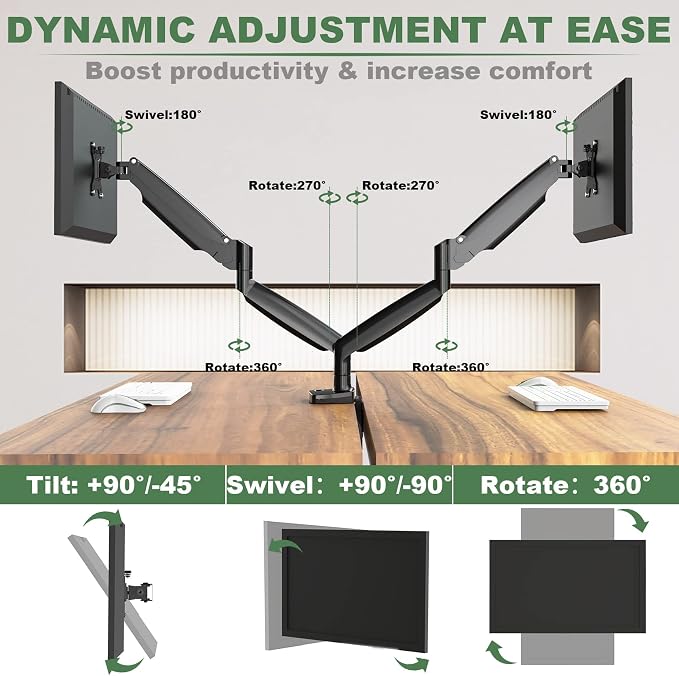 UPGRAVITY Gas Spring Dual Monitor Desk Mount for 22-34" Ultrawide Screens | Fully Adjustable, Double Monitor Stand Arms Hold 26.5lbs, VESA 75x75/100x100mm - Image 3