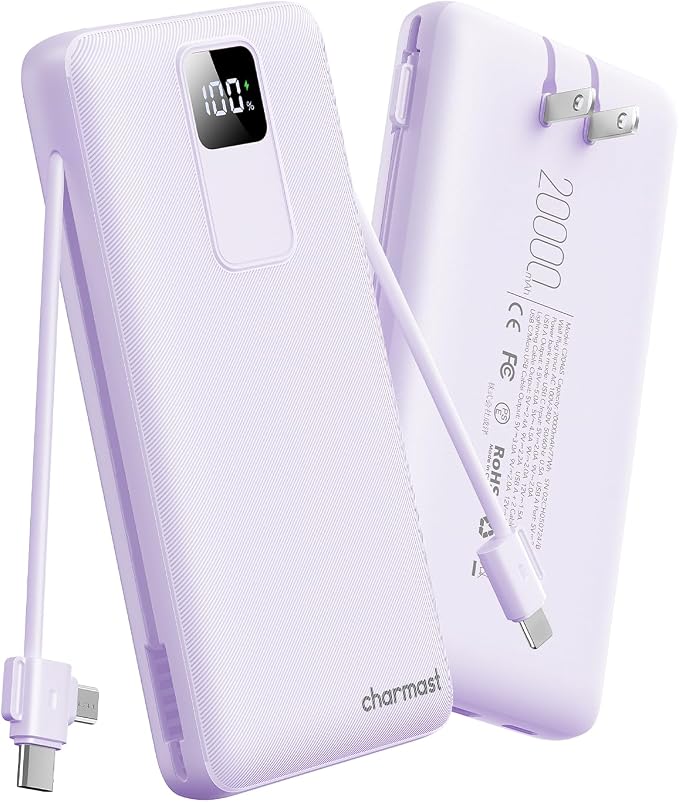 charmast 20000mAh Portable Charger with Built-in Cables and AC Wall Plug | 20W Fast Charging Power Bank, Power 3 Devices at Once, Family Travel Essential Battery Pack for iPhone, Samsung, Android by charmast