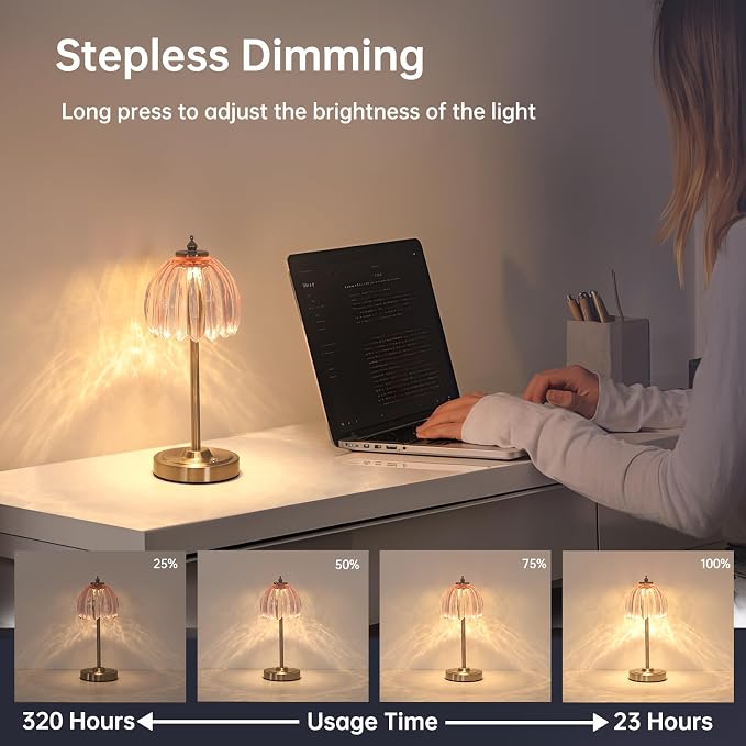 Shenmoyl Tulip Table Lamp with 5200mAh Battery & Touch Control, Cordless Small Table Lamp with 3 Colors, Dimmable Rechargeable Table Lamps for Living Room, Bedroom, Desk, Bedside (Clear Pink Tulip) - Image 3