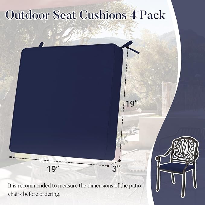 Basic Beyond Outdoor Chair Cushions for Patio Furniture, Waterproof Outdoor Seat Cushions Set of 4 19 x 19, Patio Chair Cushions Set of 4 with Ties and Handle, Navy Blue - Image 6