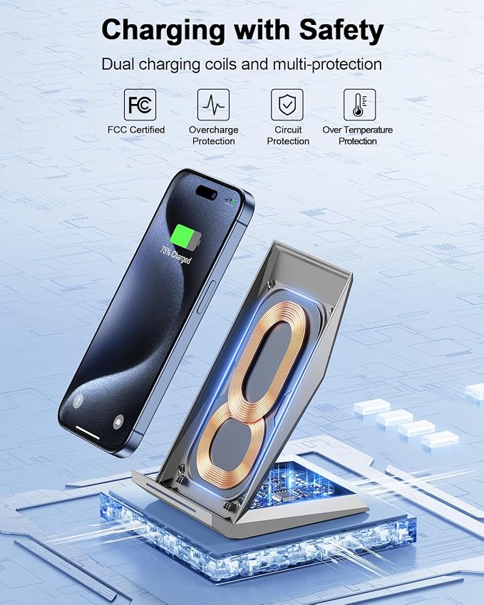 Fast Wireless Charger, NANAMI Wireless Charging Stand Compatible iPhone 17/17 Air/17 Pro/16/16 Plus/15/14/13/12, Desktop Charger Dock Phone Charging Stand for Samsung Galaxy S26/S25/S24/S23/S22/S21 - Image 3