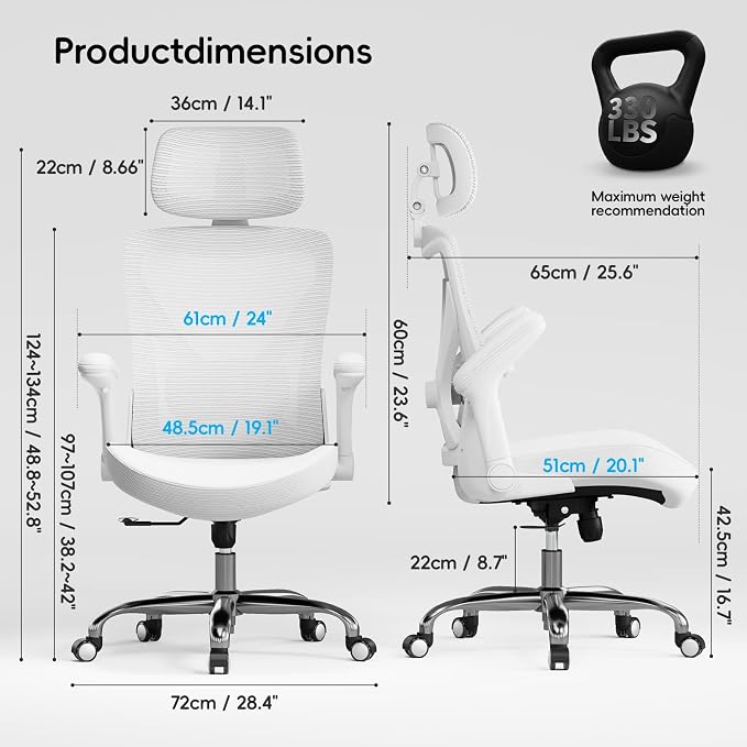 Ergonomic Office Chair:Home Office Desk Chairs with Headrest Lumbar Support | Ergalithic Ergonomic Desk Chair X-Shaped Mesh PU Leather Executive Computer Chair High Back Flip-Up Arms for Long Hour - Image 3