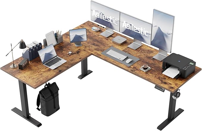 Agilestic L Shaped Standing Desk Adjustable Height, 75 Inch, Rustic Brown | Electric Height Adjustable, Spacious Corner Desktop, Sturdy Steel Frame, Memory Presets, 176 lbs, Splice Board by Agilestic