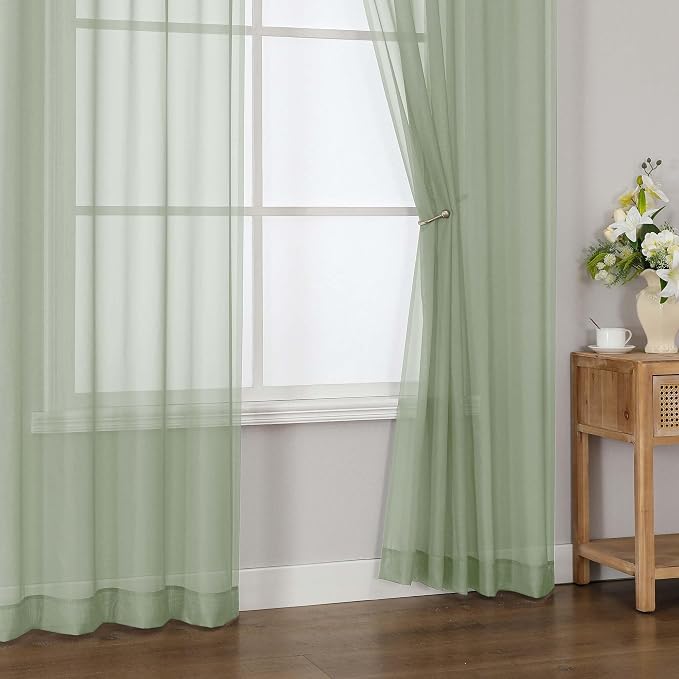 Sage Green Sheer Curtains 72 Inches Long for Living Room 2 Panels | Sheer White Curtains for Bedroom, Rod Pocket Airy Light Filtering Window Treatments, 2pcs, Each Panel 42" Width x 72" Long - Image 9