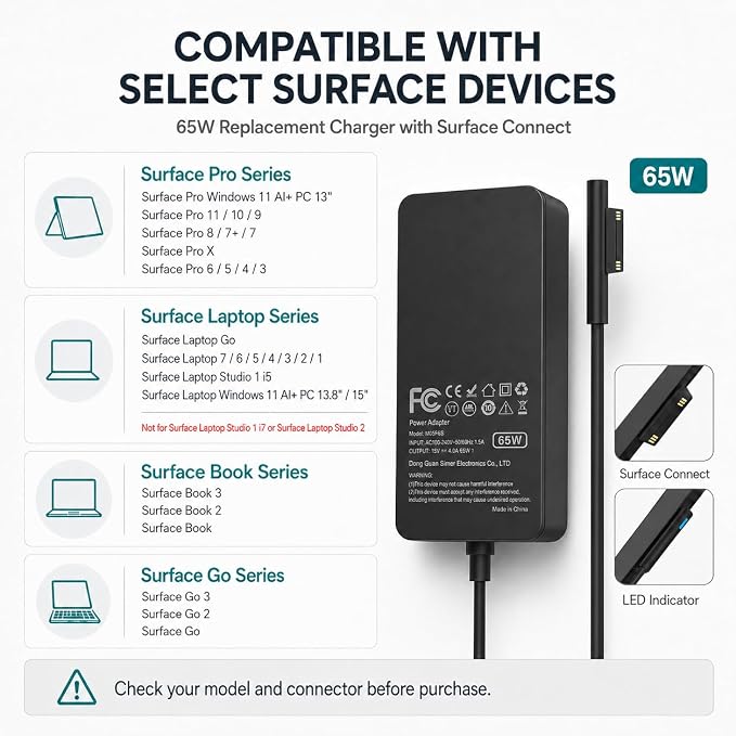65W Surface Pro Charger Compatible with Microsoft Surface Pro 11/10/9/8/7+/7/6/5/4/3/X, Surface Laptop 7/6/5/4/3/2/1, Surface Go 4/3/2/1, Surface Book 3/2/1, 10FT Power Adapter with USB Port - Image 2