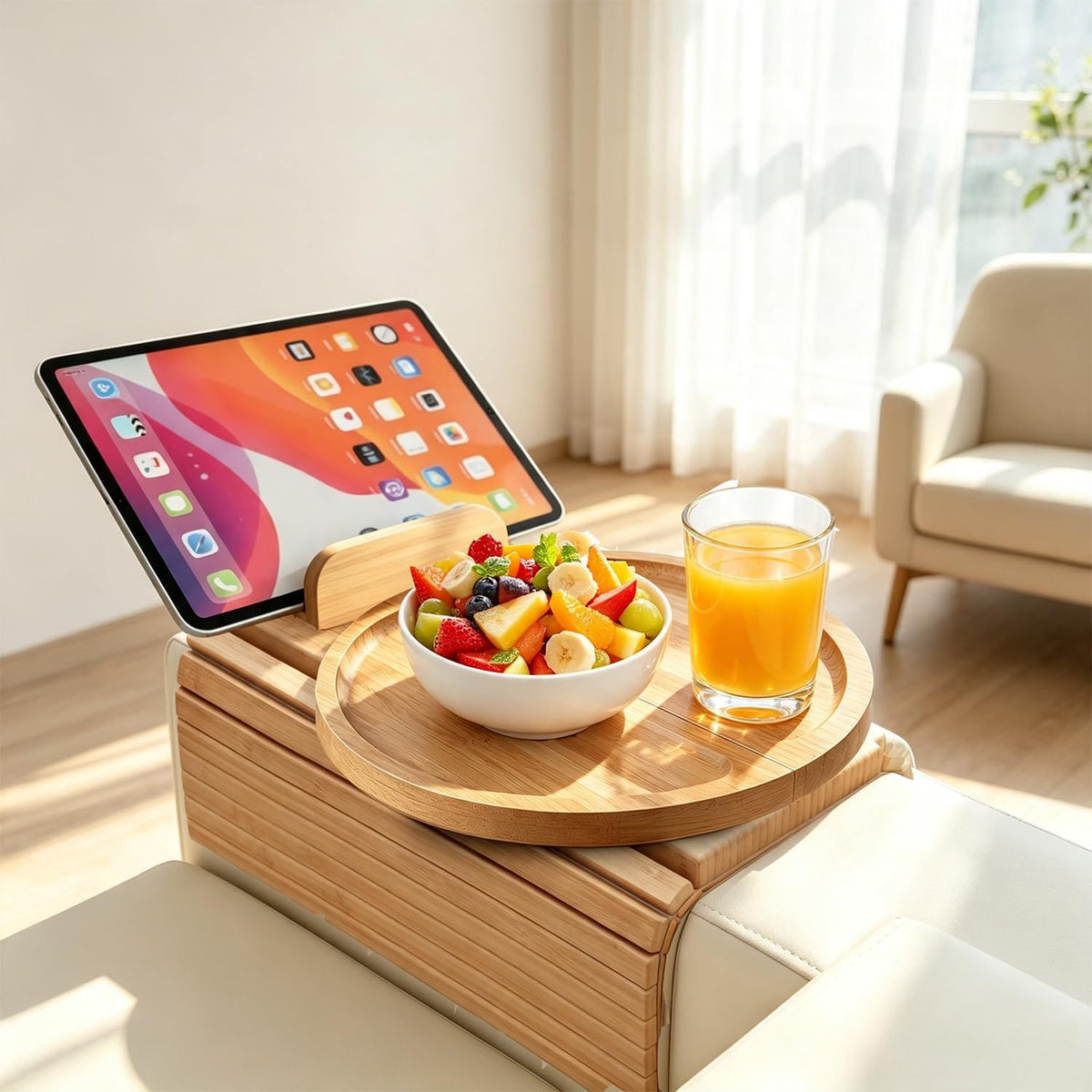 Couch Arm Tray, Bamboo Sofa Arm Tray,Foldable with 360° Rotating Phone Holder - Image 6