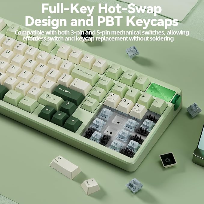 CORBOBO LEOBOG A98-96% Mechanical Keyboard Wireless, Tri-Mode BT5.0/2.4GHz/USB-C, Creamy Keyboard with Number Pad, Gasket Structure Hot Swappable, RGB Backlit Green Gaming Keyboards with Knob for PC - Image 5