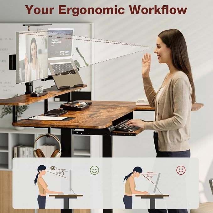 59 Inch L Shaped Standing Desk with Shelves and Keyboard, Electric Corner Standing Desk Adjustable Height, Sit Stand Computer Table with Reversiable Splice Board，Rustic Brown - Image 5